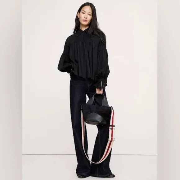 Banana Republic Cotton Balloon-Sleeve Shirt Black NWT - Picture 3 of 6